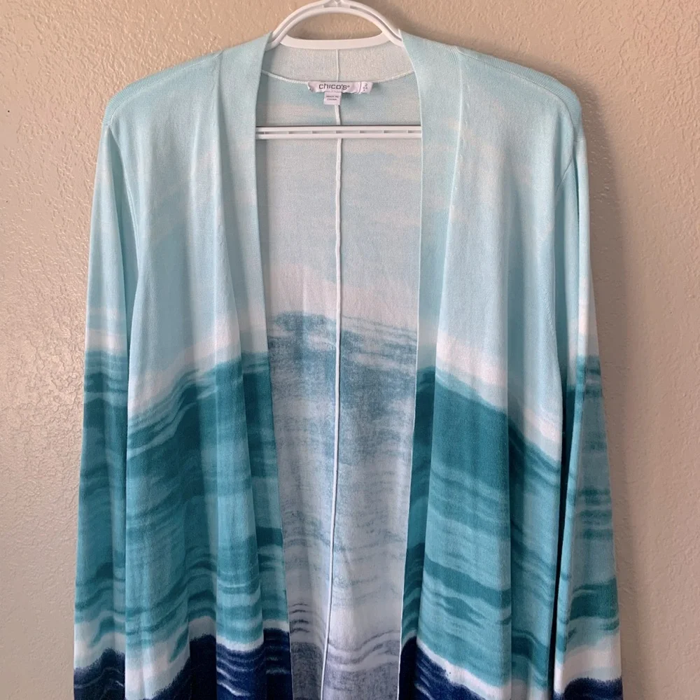 Chicos Ocean Spun Ombre Open Front Coastal Cardigan Size L